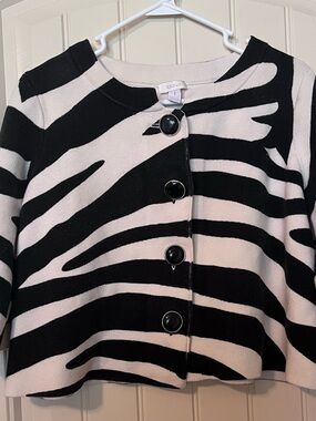 Chico's Black and White Striped Button Cardigan 1 Petite